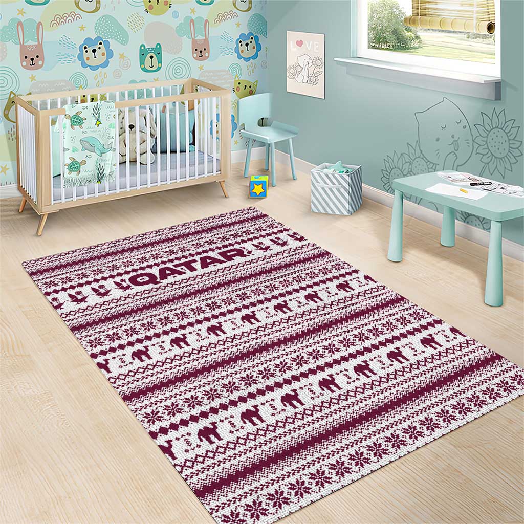 Qatar Christmas Area Rug with Maroon-White Pattern, National Emblem, and Camel Motif - Wonder Print Shop