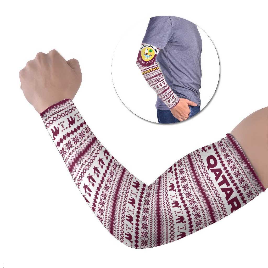 Qatar Christmas Arm Sleeves with Maroon-White Pattern, National Emblem, and Camel Motif - Wonder Print Shop
