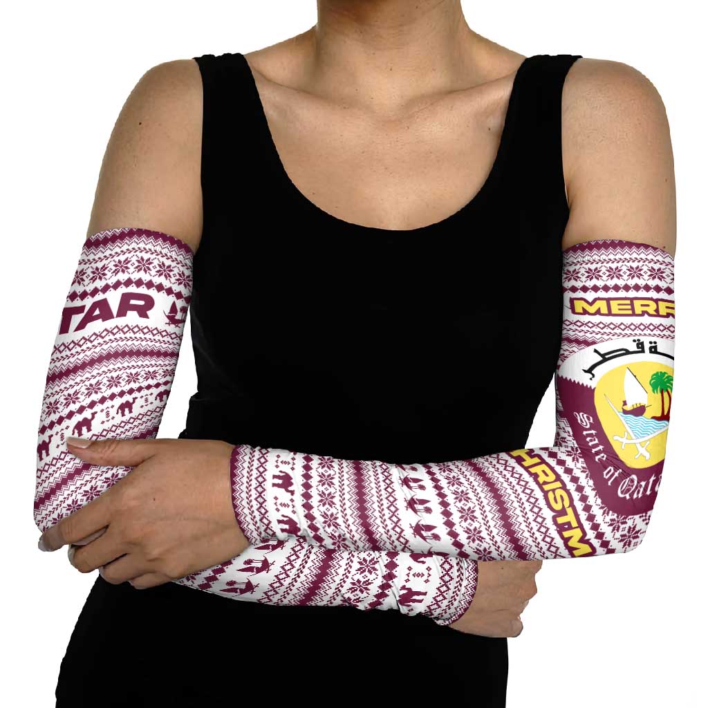 Qatar Christmas Arm Sleeves with Maroon-White Pattern, National Emblem, and Camel Motif - Wonder Print Shop