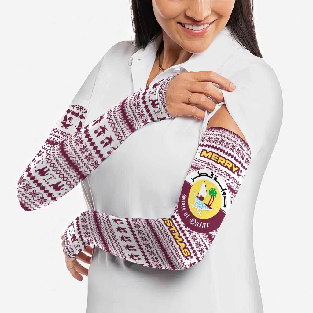 Qatar Christmas Arm Sleeves with Maroon-White Pattern, National Emblem, and Camel Motif - Wonder Print Shop