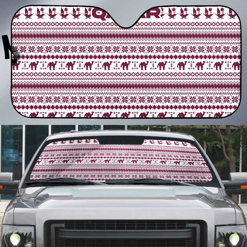 Qatar Christmas Auto Sun Shade with Maroon-White Pattern, National Emblem, and Camel Motif - Wonder Print Shop