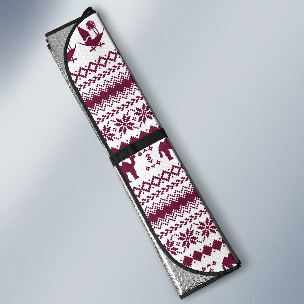 Qatar Christmas Auto Sun Shade with Maroon-White Pattern, National Emblem, and Camel Motif - Wonder Print Shop