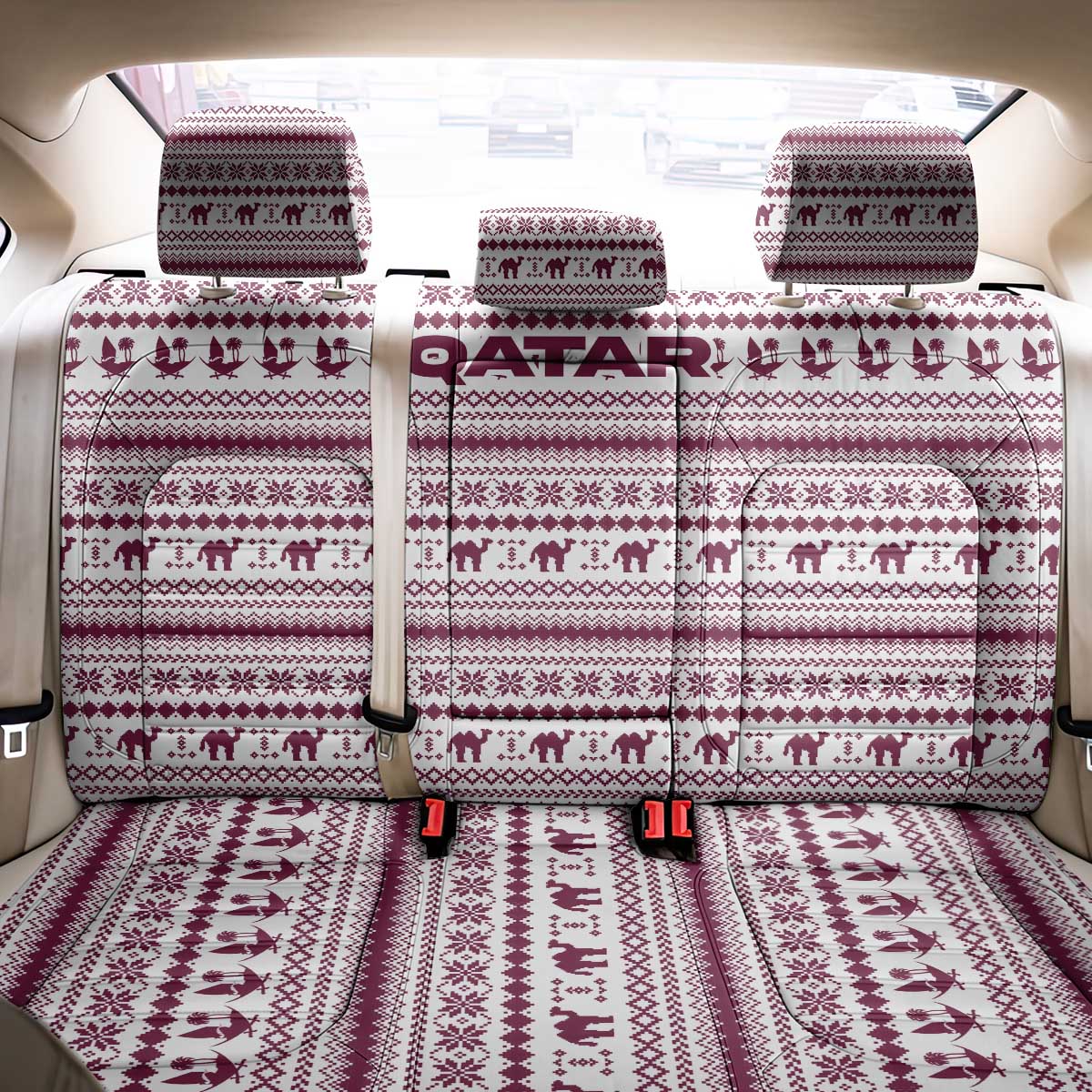 Qatar Christmas Back Car Seat Cover with Maroon-White Pattern, National Emblem, and Camel Motif - Wonder Print Shop
