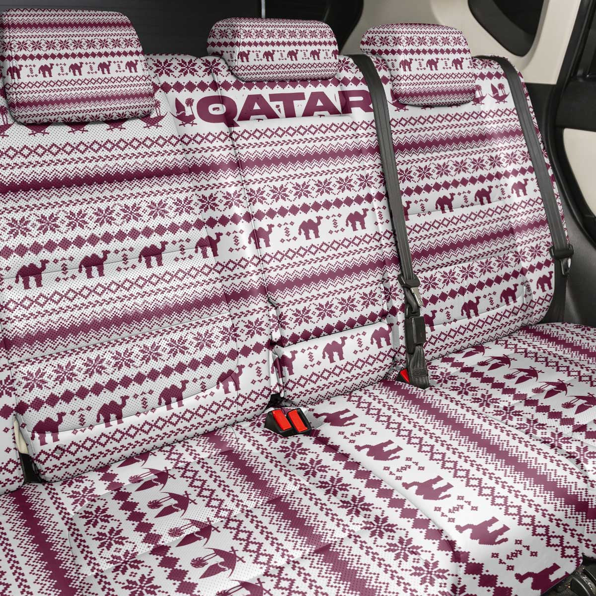 Qatar Christmas Back Car Seat Cover with Maroon-White Pattern, National Emblem, and Camel Motif - Wonder Print Shop