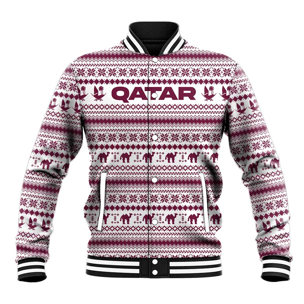 Qatar Christmas Baseball Jacket with Maroon-White Pattern, National Emblem, and Camel Motif - Wonder Print Shop