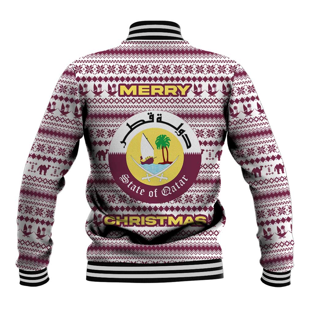 Qatar Christmas Baseball Jacket with Maroon-White Pattern, National Emblem, and Camel Motif - Wonder Print Shop