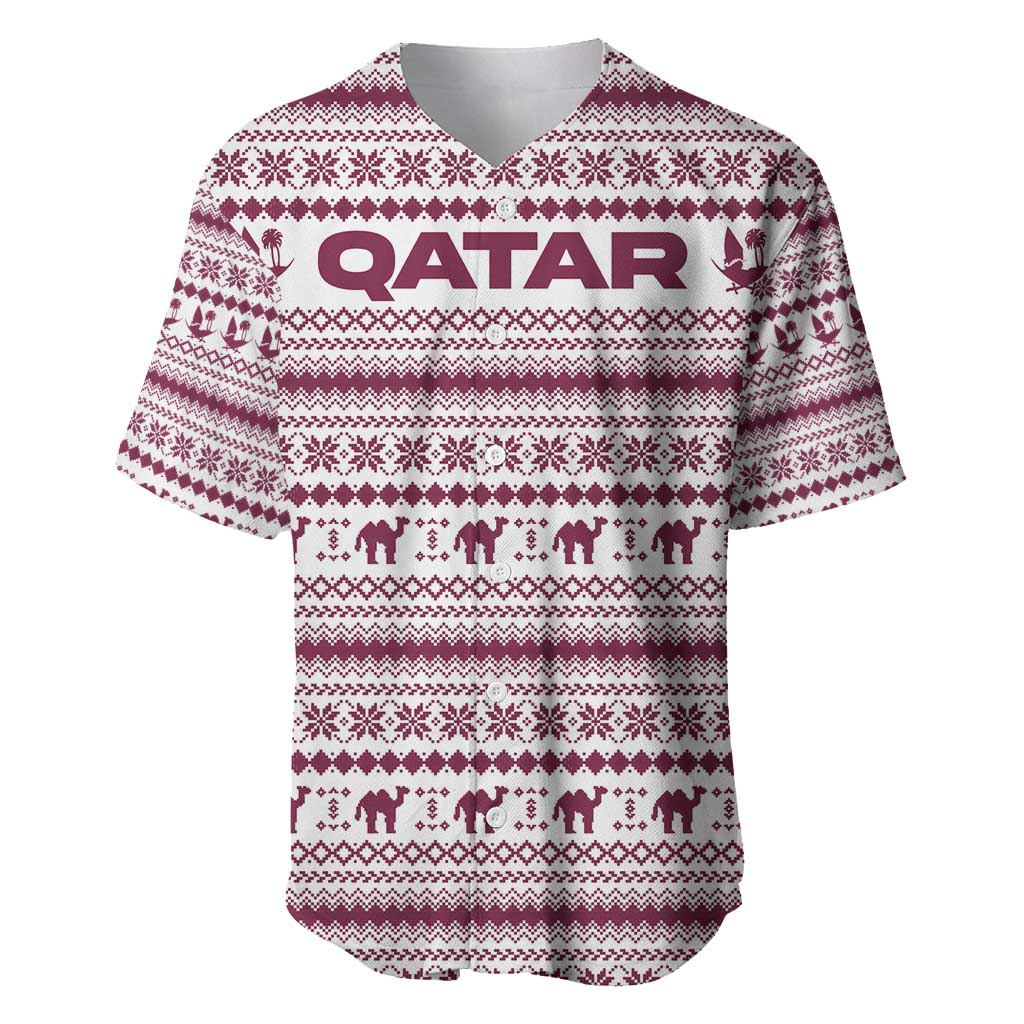 Qatar Christmas Baseball Jersey with Maroon-White Pattern, National Emblem, and Camel Motif - Wonder Print Shop