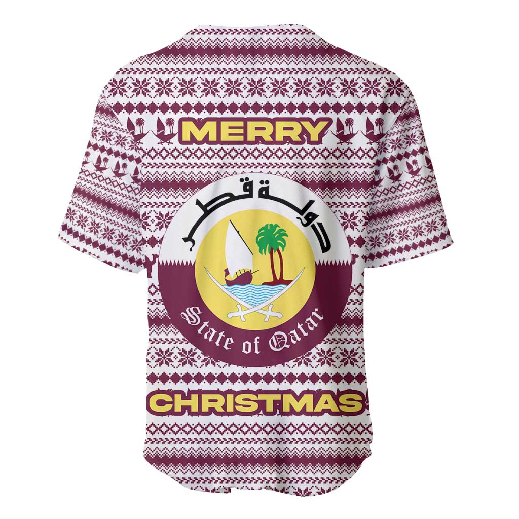 Qatar Christmas Baseball Jersey with Maroon-White Pattern, National Emblem, and Camel Motif - Wonder Print Shop