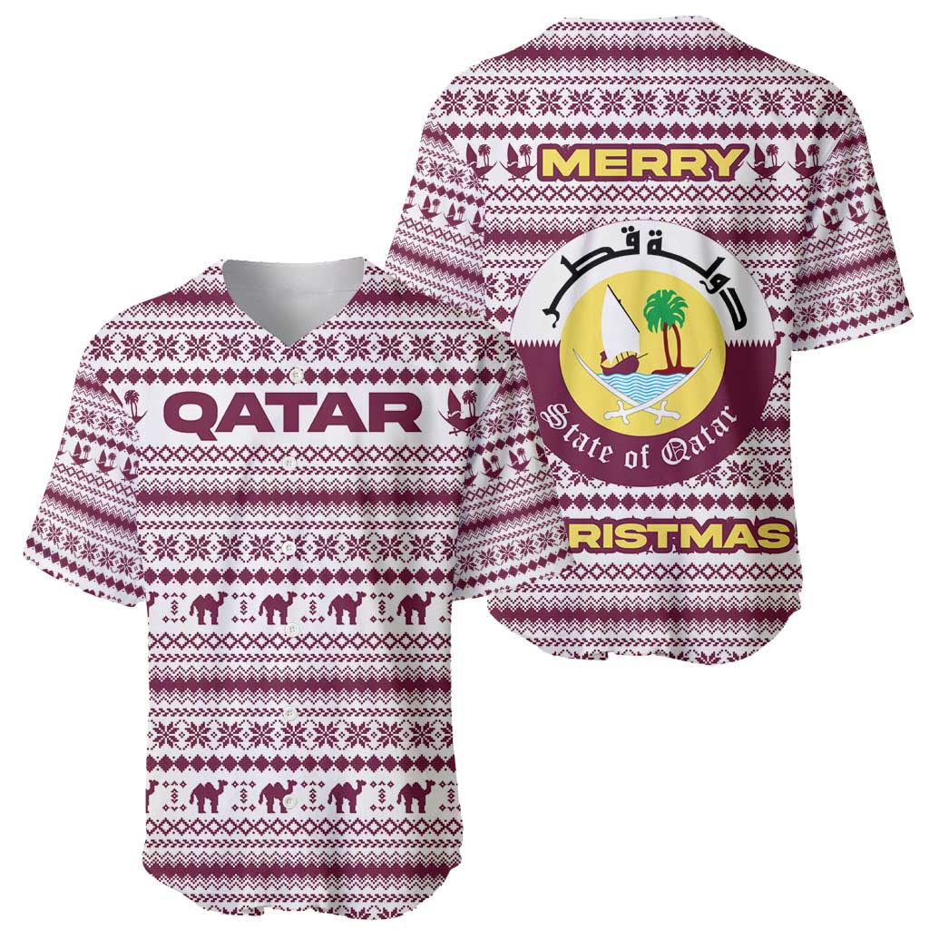 Qatar Christmas Baseball Jersey with Maroon-White Pattern, National Emblem, and Camel Motif - Wonder Print Shop