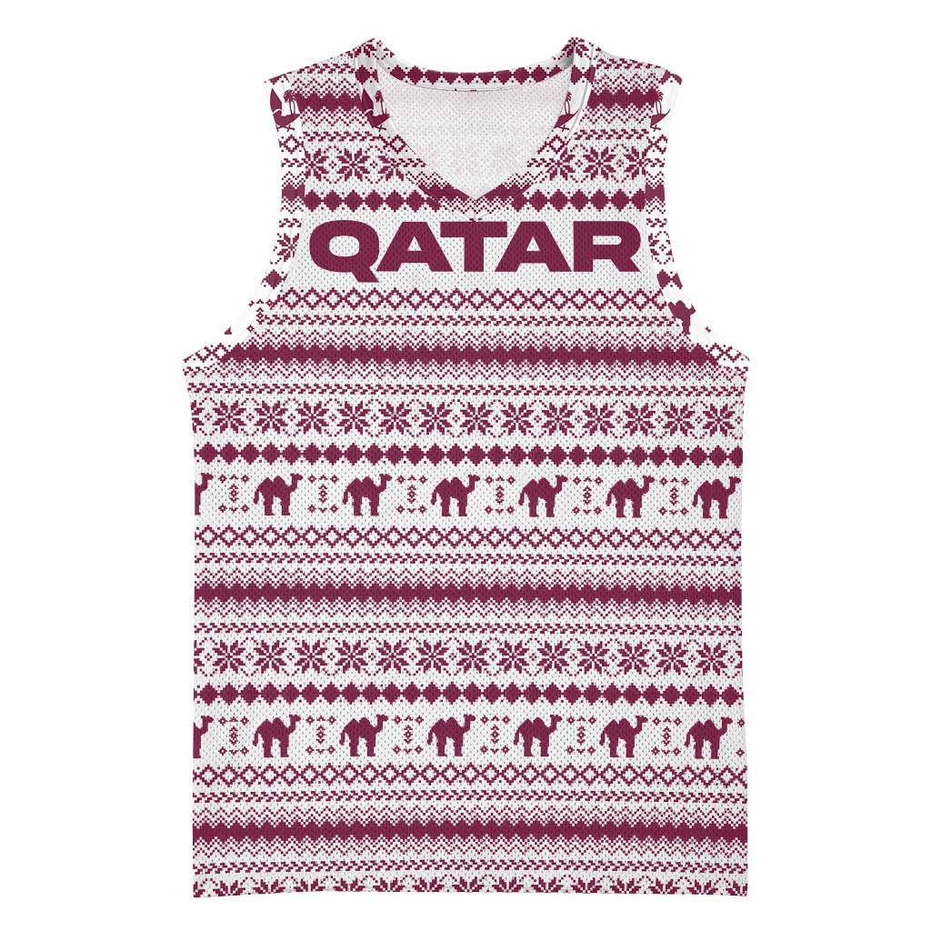 Qatar Christmas Basketball Jersey with Maroon-White Pattern, National Emblem, and Camel Motif - Wonder Print Shop