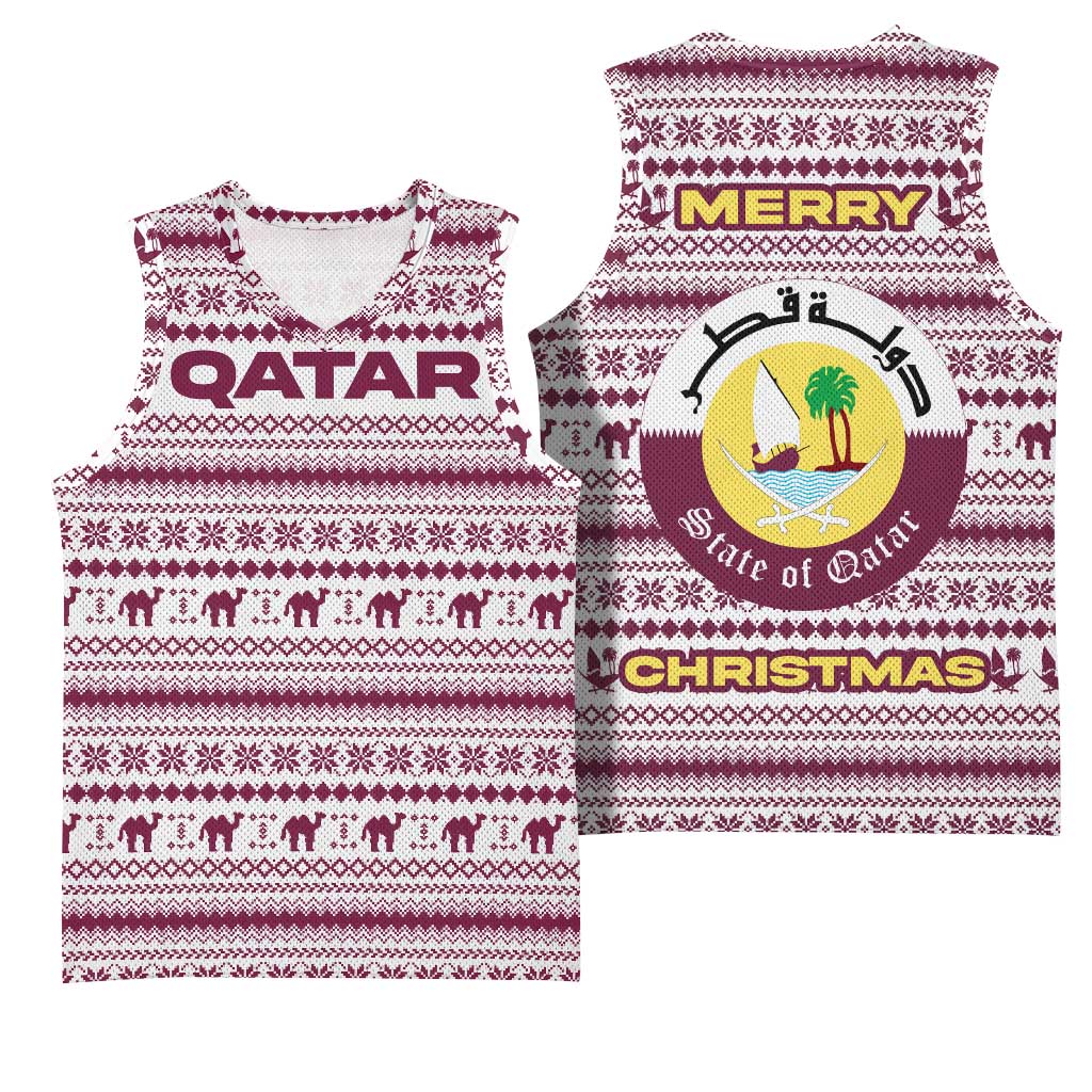 Qatar Christmas Basketball Jersey with Maroon-White Pattern, National Emblem, and Camel Motif - Wonder Print Shop