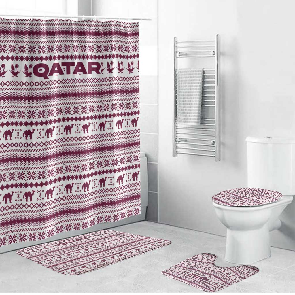 Qatar Christmas Bathroom Set with Maroon-White Pattern, National Emblem, and Camel Motif - Wonder Print Shop