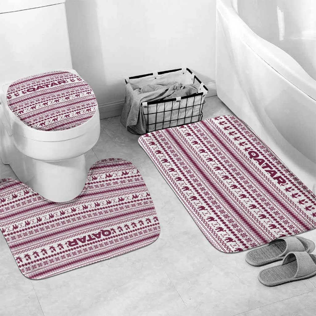 Qatar Christmas Bathroom Set with Maroon-White Pattern, National Emblem, and Camel Motif - Wonder Print Shop