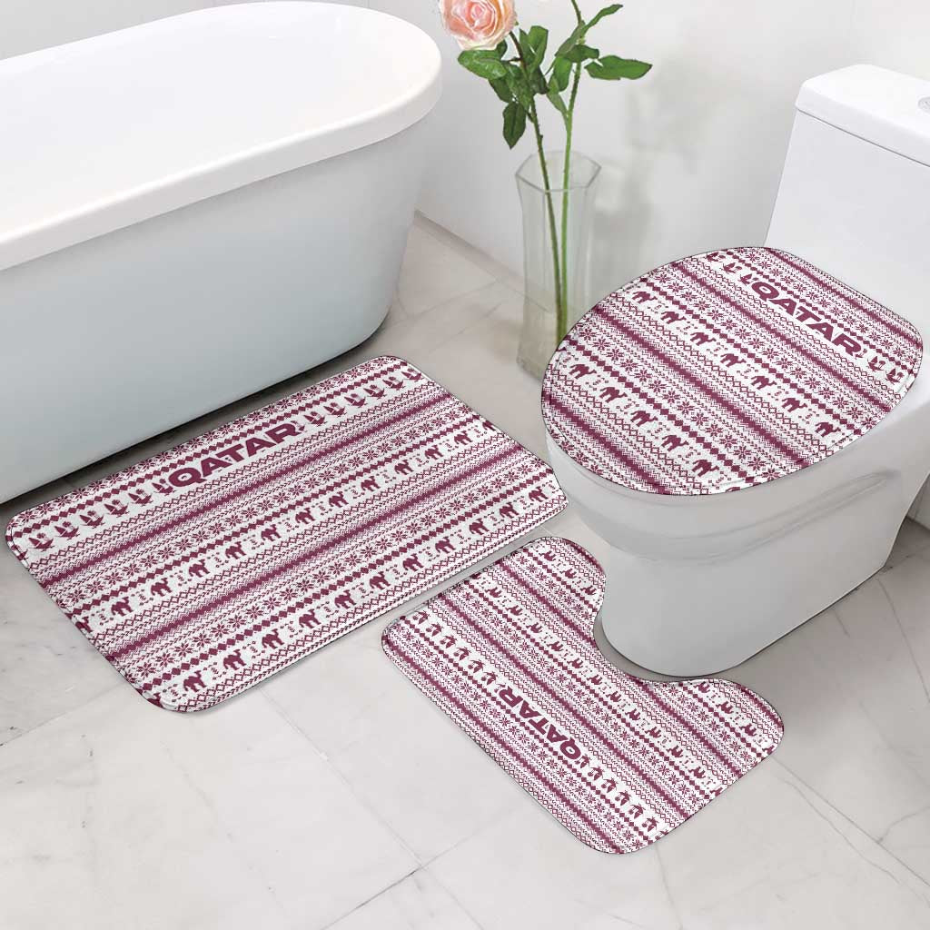Qatar Christmas Bathroom Set with Maroon-White Pattern, National Emblem, and Camel Motif - Wonder Print Shop