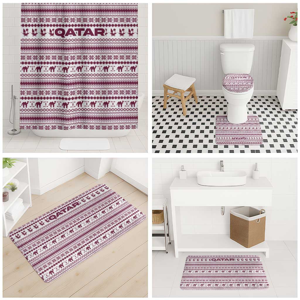 Qatar Christmas Bathroom Set with Maroon-White Pattern, National Emblem, and Camel Motif - Wonder Print Shop