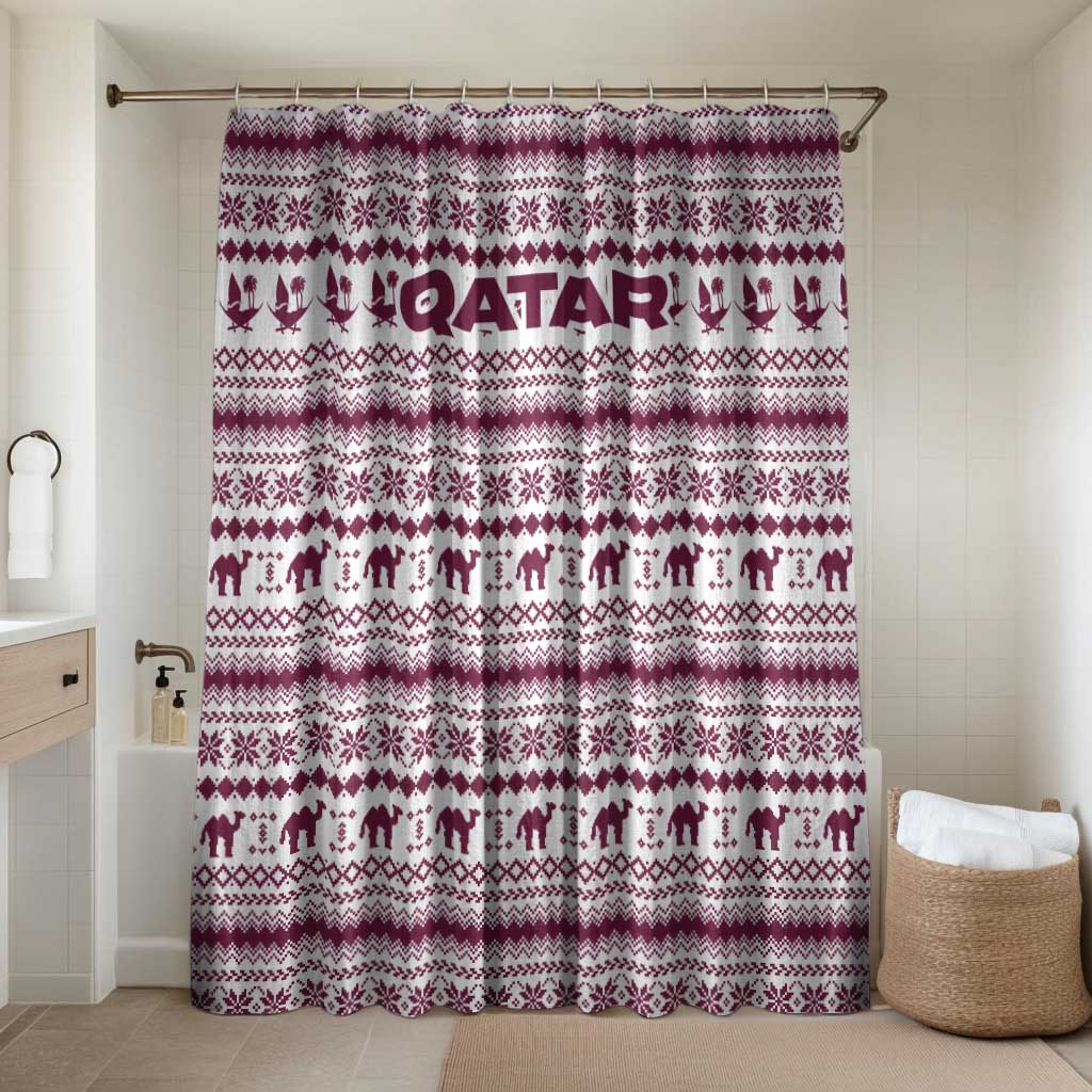 Qatar Christmas Bathroom Set with Maroon-White Pattern, National Emblem, and Camel Motif - Wonder Print Shop