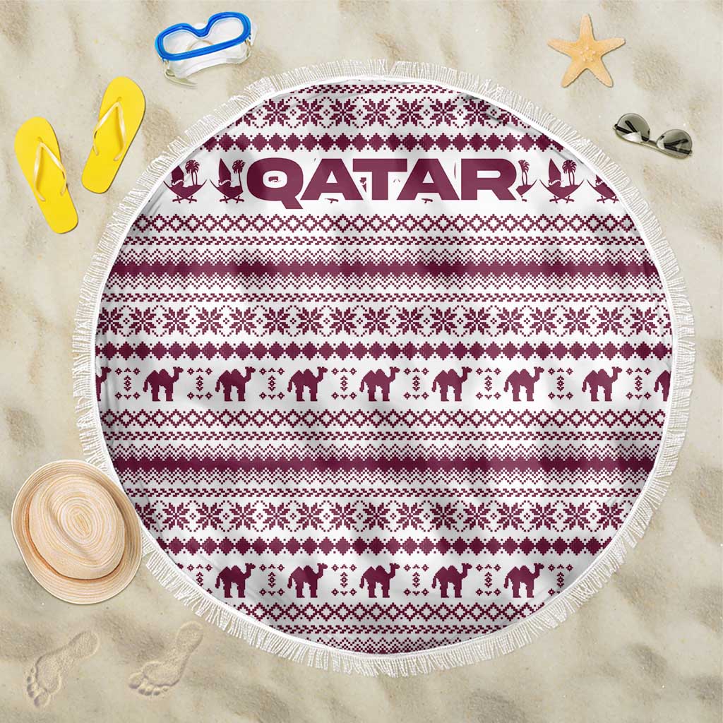 Qatar Christmas Beach Blanket with Maroon-White Pattern, National Emblem, and Camel Motif - Wonder Print Shop