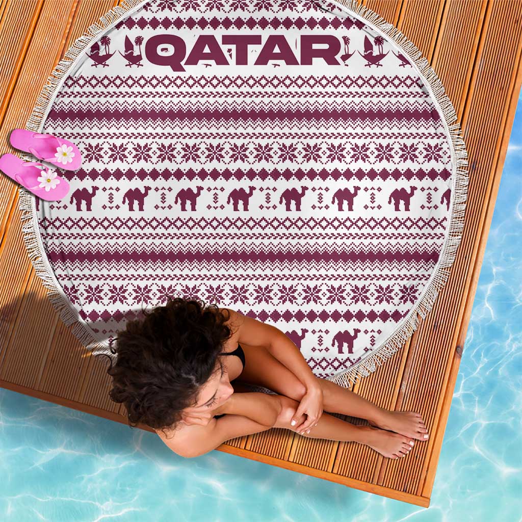 Qatar Christmas Beach Blanket with Maroon-White Pattern, National Emblem, and Camel Motif - Wonder Print Shop