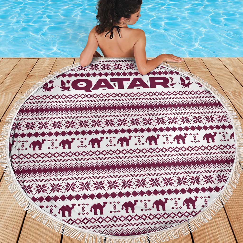 Qatar Christmas Beach Blanket with Maroon-White Pattern, National Emblem, and Camel Motif - Wonder Print Shop