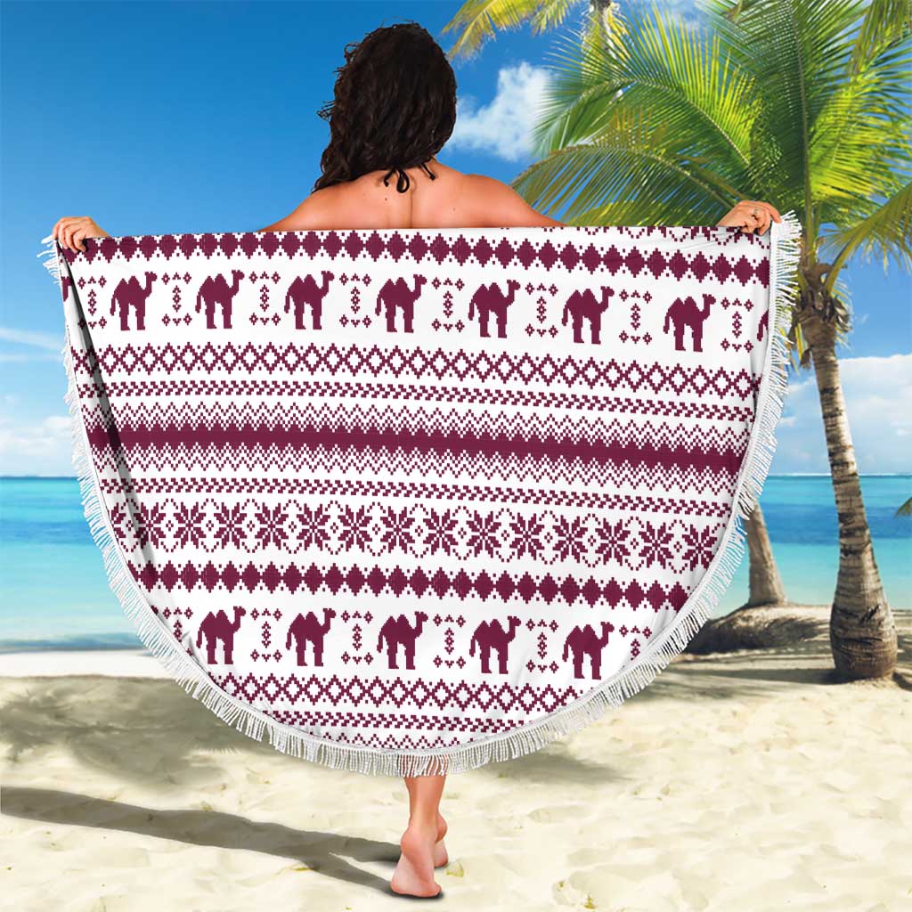 Qatar Christmas Beach Blanket with Maroon-White Pattern, National Emblem, and Camel Motif - Wonder Print Shop