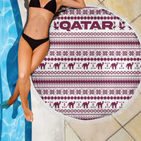 Qatar Christmas Beach Blanket with Maroon-White Pattern, National Emblem, and Camel Motif - Wonder Print Shop