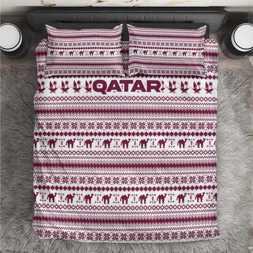 Qatar Christmas Bedding Set with Maroon-White Pattern, National Emblem, and Camel Motif - Wonder Print Shop