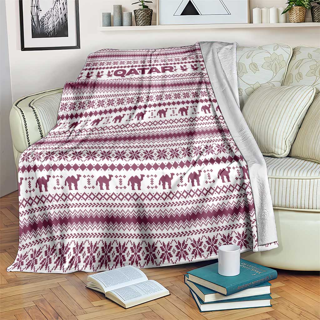 Qatar Christmas Blanket with Maroon-White Pattern, National Emblem, and Camel Motif - Wonder Print Shop