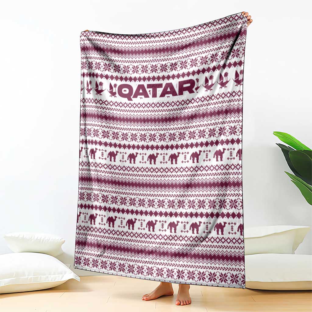 Qatar Christmas Blanket with Maroon-White Pattern, National Emblem, and Camel Motif - Wonder Print Shop