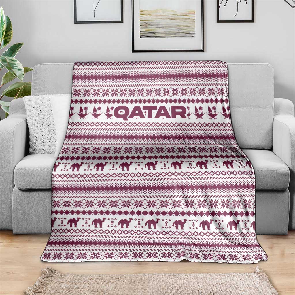 Qatar Christmas Blanket with Maroon-White Pattern, National Emblem, and Camel Motif - Wonder Print Shop