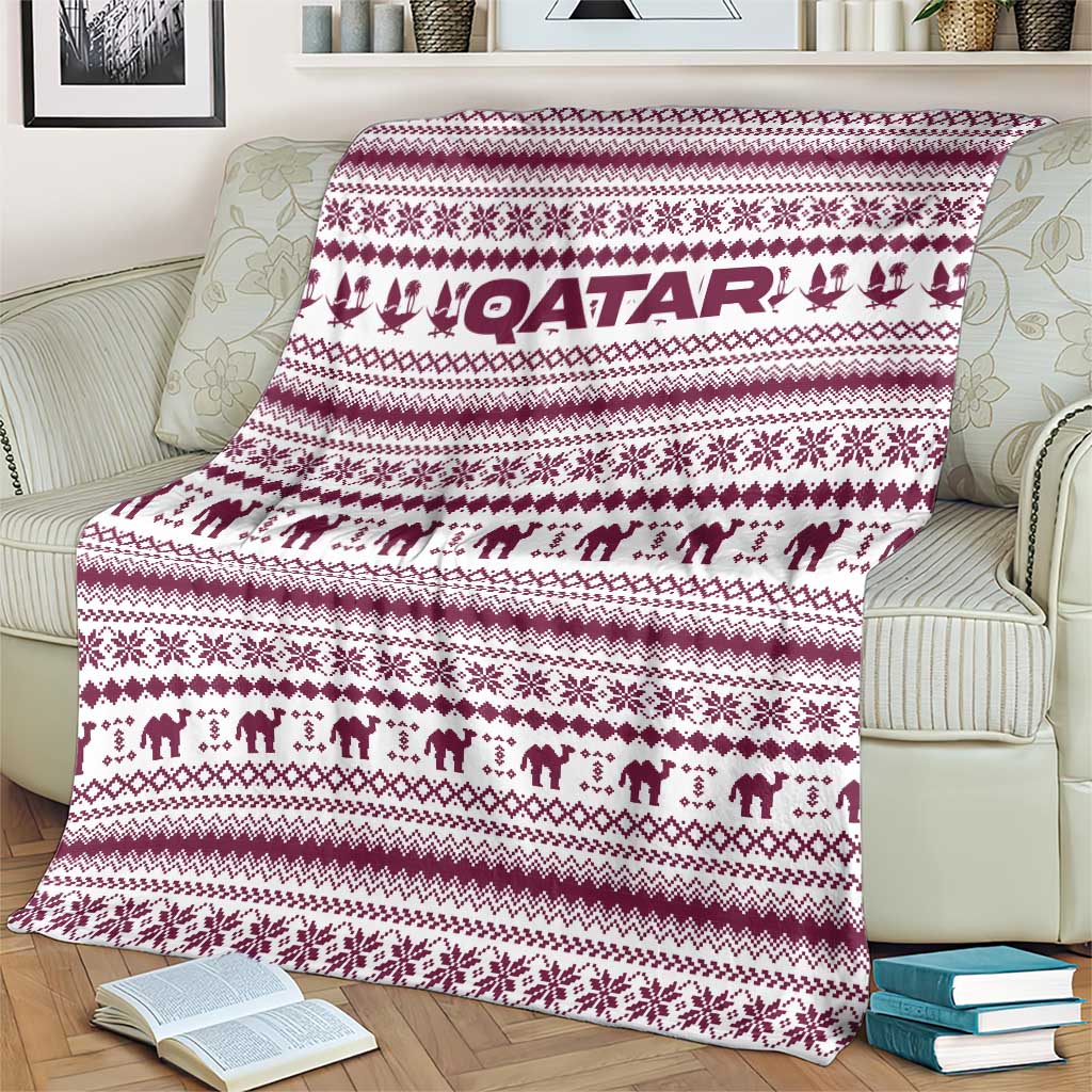 Qatar Christmas Blanket with Maroon-White Pattern, National Emblem, and Camel Motif - Wonder Print Shop
