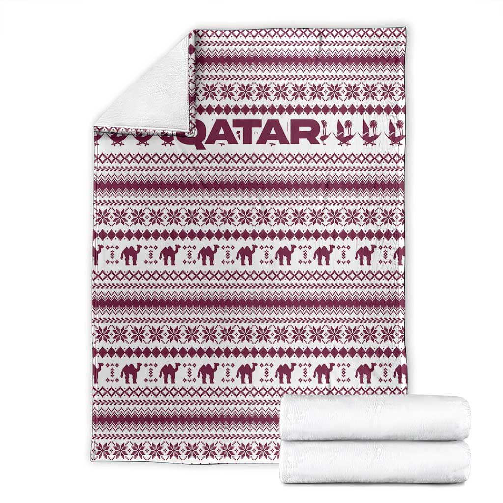 Qatar Christmas Blanket with Maroon-White Pattern, National Emblem, and Camel Motif - Wonder Print Shop