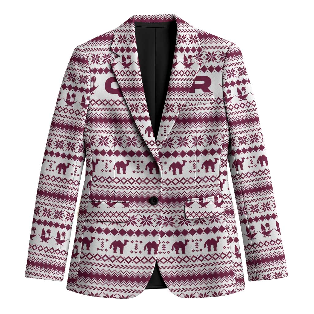 Qatar Christmas Blazer with Maroon-White Pattern, National Emblem, and Camel Motif - Wonder Print Shop