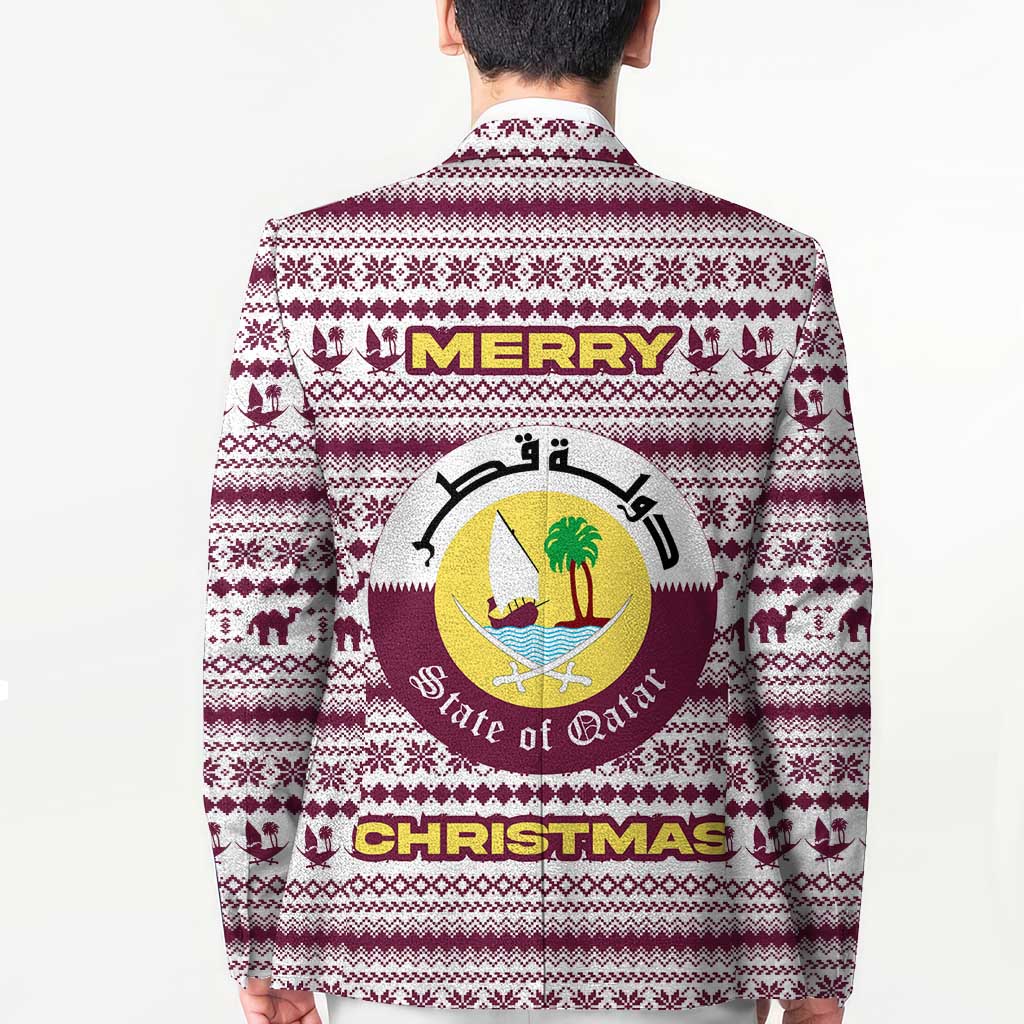 Qatar Christmas Blazer with Maroon-White Pattern, National Emblem, and Camel Motif - Wonder Print Shop