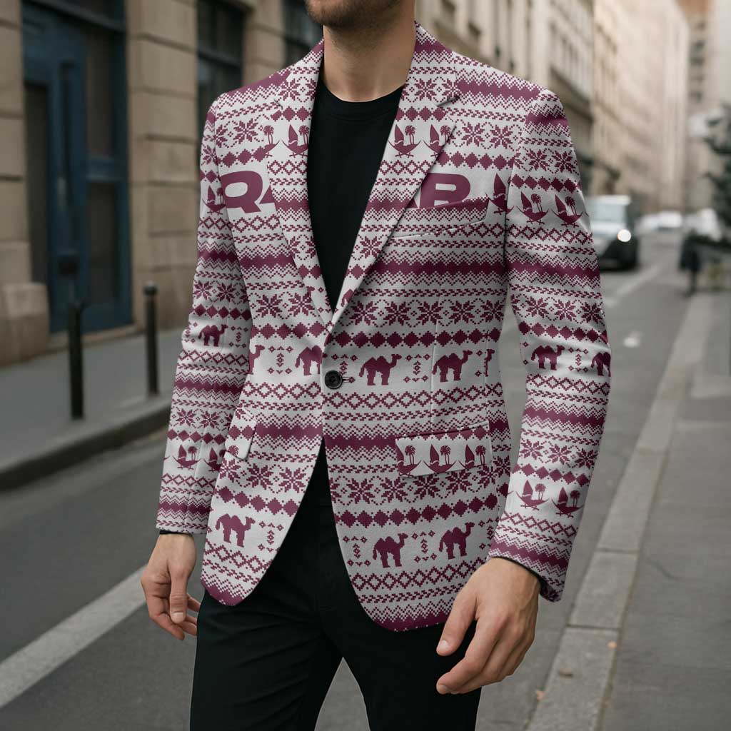 Qatar Christmas Blazer with Maroon-White Pattern, National Emblem, and Camel Motif - Wonder Print Shop