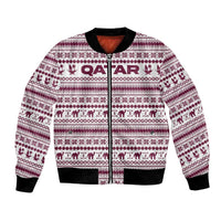 Qatar Christmas Bomber Jacket with Maroon-White Pattern, National Emblem, and Camel Motif - Wonder Print Shop