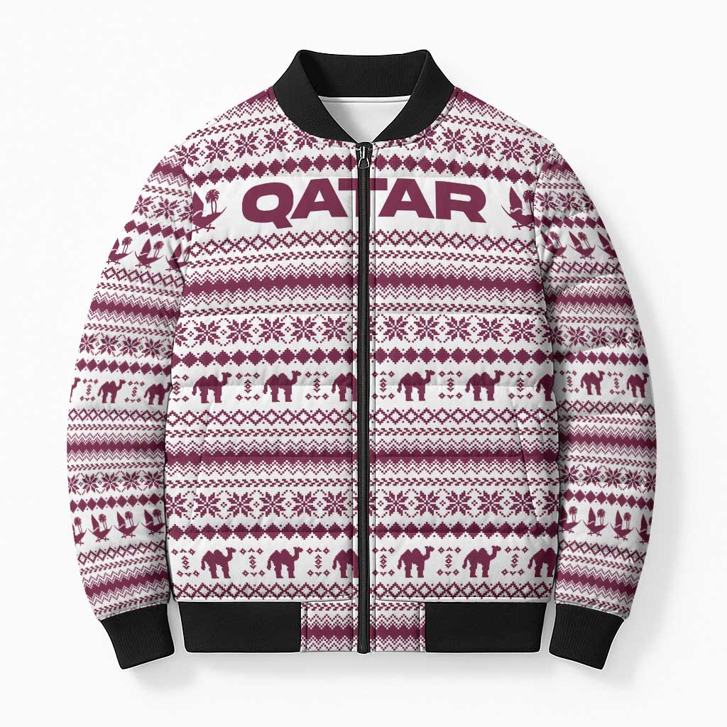 Qatar Christmas Bomber Puffer Jacket with Maroon-White Pattern, National Emblem, and Camel Motif - Wonder Print Shop