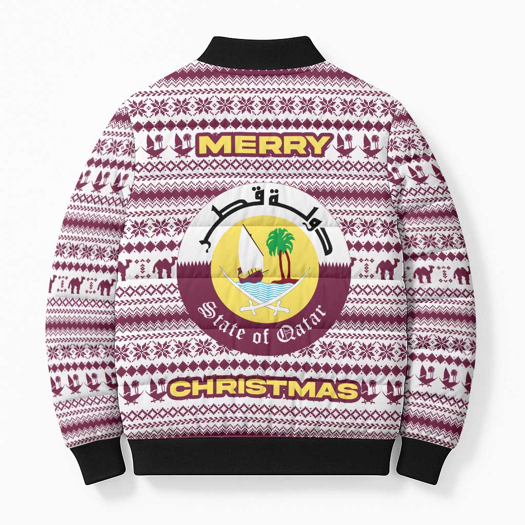 Qatar Christmas Bomber Puffer Jacket with Maroon-White Pattern, National Emblem, and Camel Motif - Wonder Print Shop
