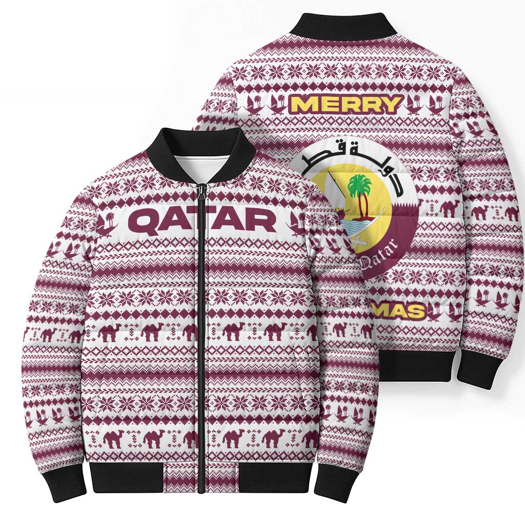 Qatar Christmas Bomber Puffer Jacket with Maroon-White Pattern, National Emblem, and Camel Motif - Wonder Print Shop