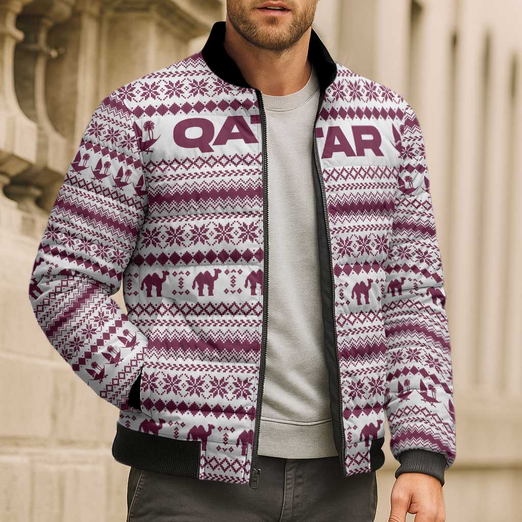 Qatar Christmas Bomber Puffer Jacket with Maroon-White Pattern, National Emblem, and Camel Motif - Wonder Print Shop