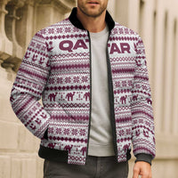 Qatar Christmas Bomber Puffer Jacket with Maroon-White Pattern, National Emblem, and Camel Motif - Wonder Print Shop