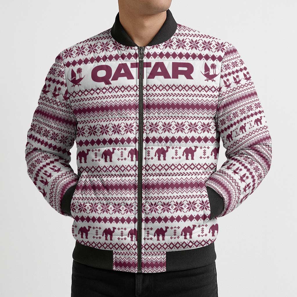 Qatar Christmas Bomber Puffer Jacket with Maroon-White Pattern, National Emblem, and Camel Motif - Wonder Print Shop