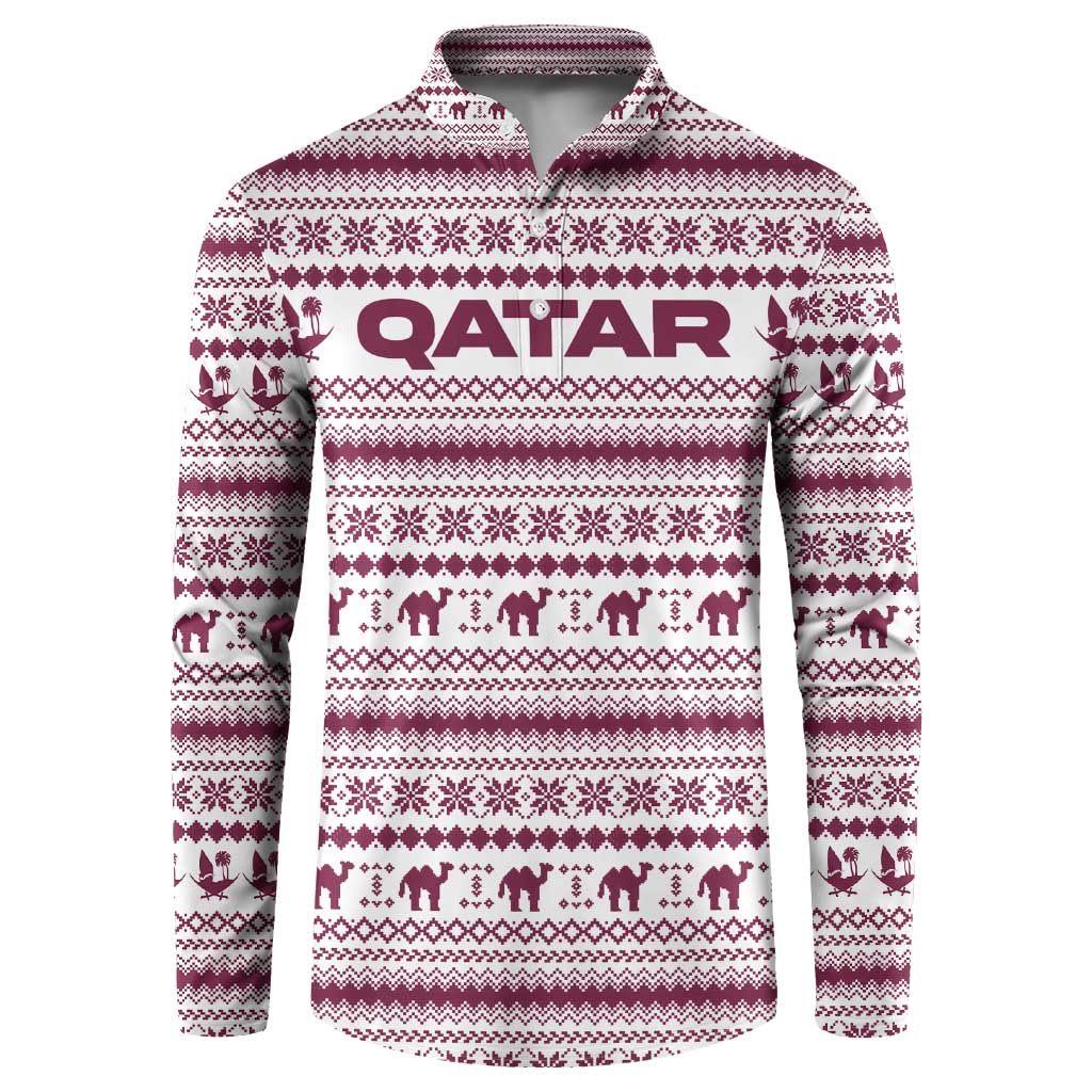 Qatar Christmas Button Sweatshirt with Maroon-White Pattern, National Emblem, and Camel Motif - Wonder Print Shop