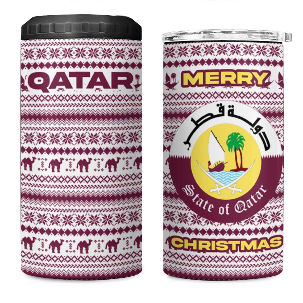 Qatar Christmas 4 in 1 Can Cooler Tumbler with Maroon-White Pattern, National Emblem, and Camel Motif - Wonder Print Shop