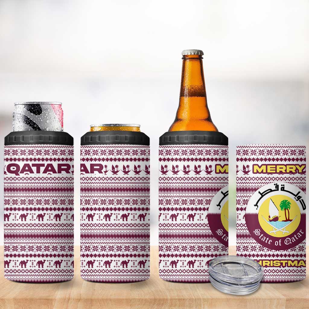 Qatar Christmas 4 in 1 Can Cooler Tumbler with Maroon-White Pattern, National Emblem, and Camel Motif - Wonder Print Shop