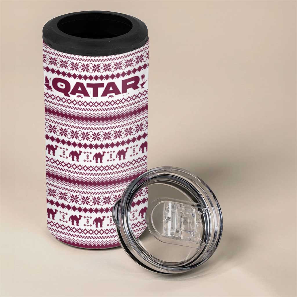 Qatar Christmas 4 in 1 Can Cooler Tumbler with Maroon-White Pattern, National Emblem, and Camel Motif - Wonder Print Shop