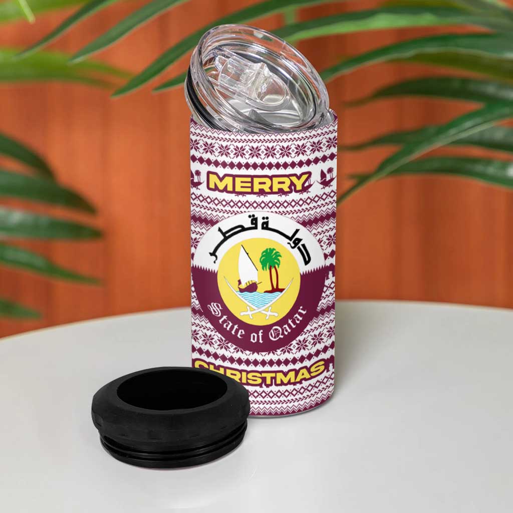 Qatar Christmas 4 in 1 Can Cooler Tumbler with Maroon-White Pattern, National Emblem, and Camel Motif - Wonder Print Shop