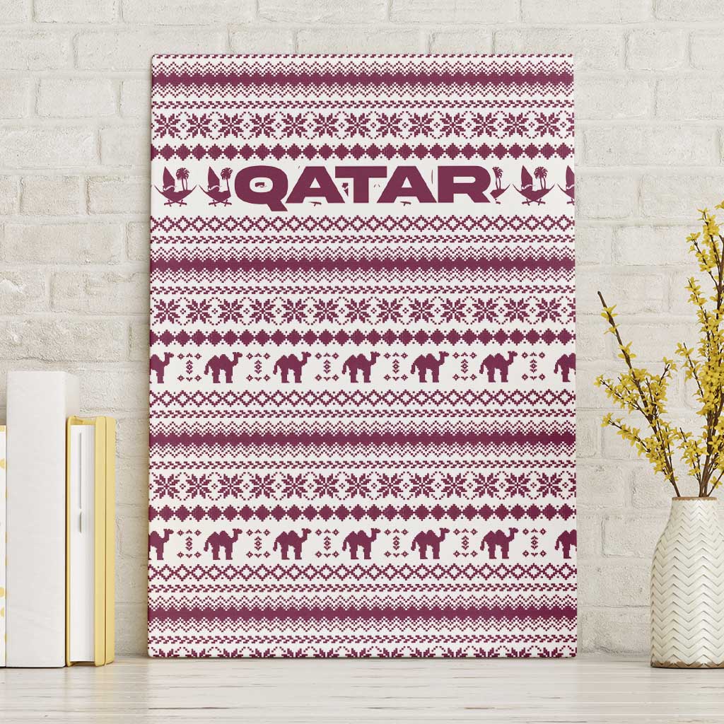 Qatar Christmas Canvas Wall Art with Maroon-White Pattern, National Emblem, and Camel Motif - Wonder Print Shop