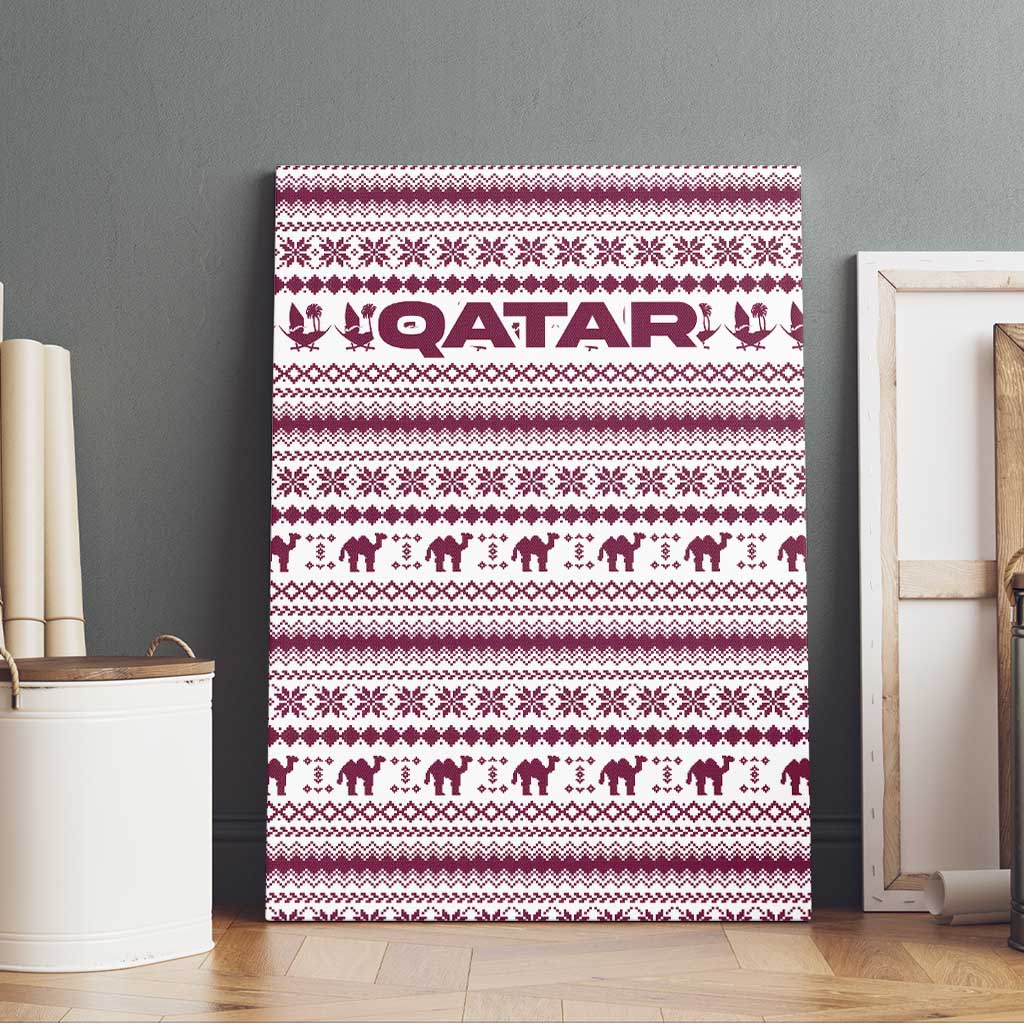 Qatar Christmas Canvas Wall Art with Maroon-White Pattern, National Emblem, and Camel Motif - Wonder Print Shop