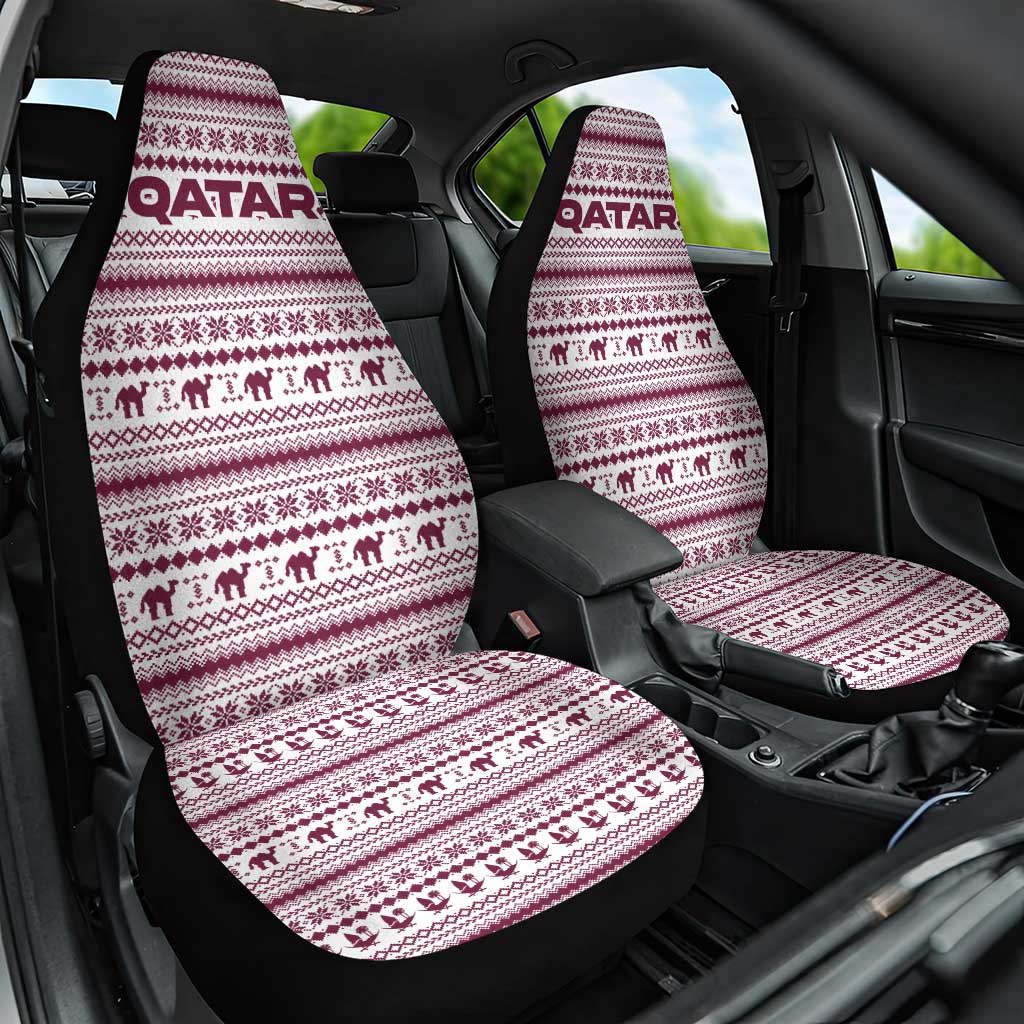 Qatar Christmas Car Seat Cover with Maroon-White Pattern, National Emblem, and Camel Motif - Wonder Print Shop