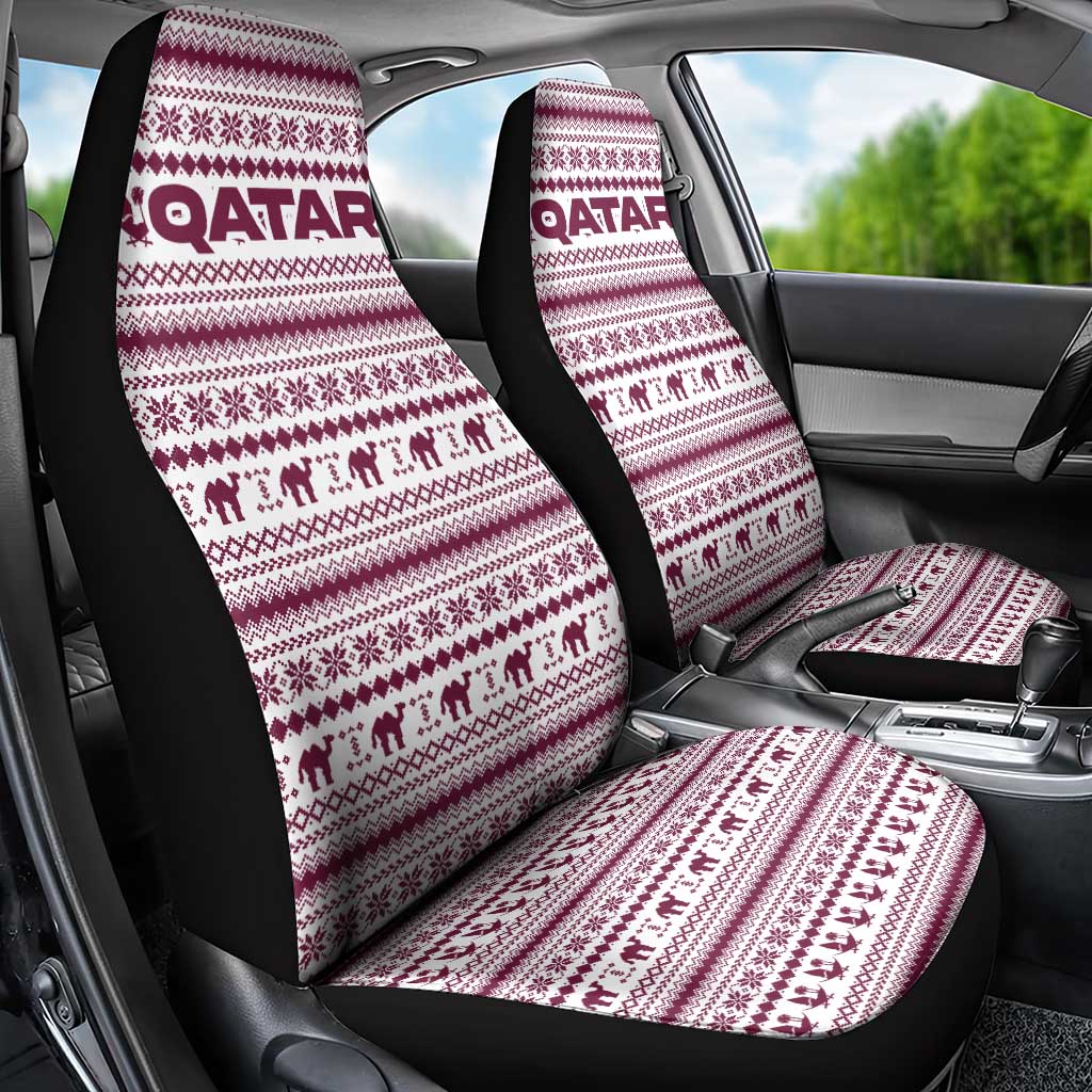 Qatar Christmas Car Seat Cover with Maroon-White Pattern, National Emblem, and Camel Motif - Wonder Print Shop